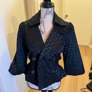 Elle Black Trench Coat with Geometric Pattern and Double-Breasted Design